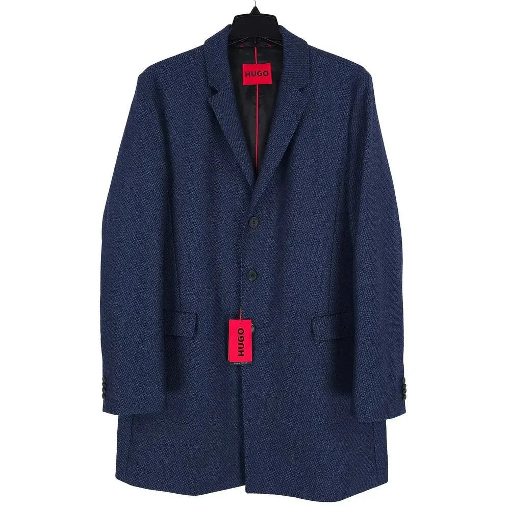 Hugo Boss Mens Migor Slim Fit Overcoat 46R Dark Blue Textured Wool Blend NWT